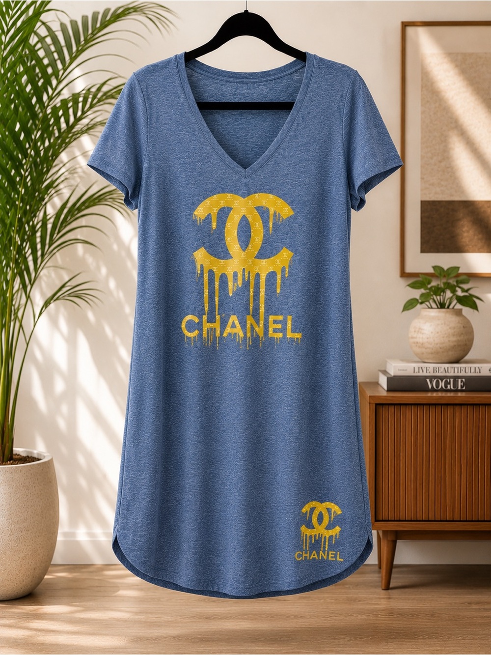 Blue V-Neck Dress with Yellow Logo